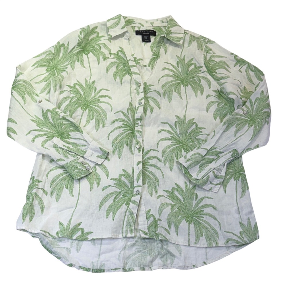 Tahari Womens Small Linen Green White Woven Palm Tree Tropical 118B7